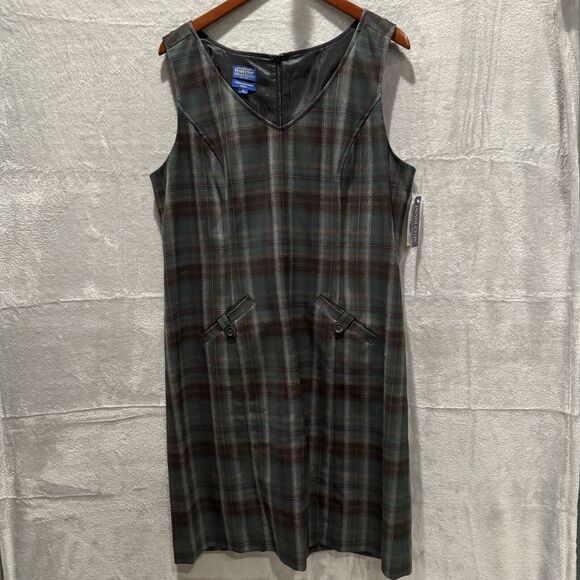 NWT Vtg Pendleton 100% Virgin Wool Plaid Shift Pockets Dress Size 18 Green Black - Picture 1 of 10